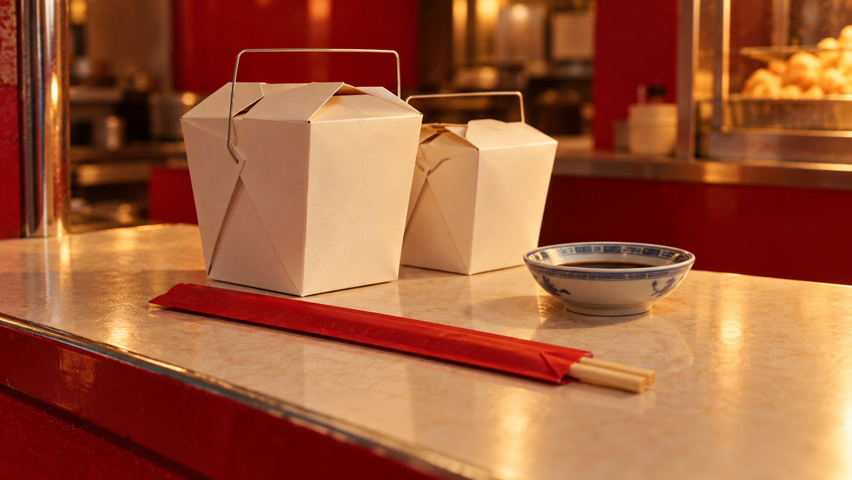 Illustrative still life of takeout cartons, chopsticks and a soy dish on a cream counter