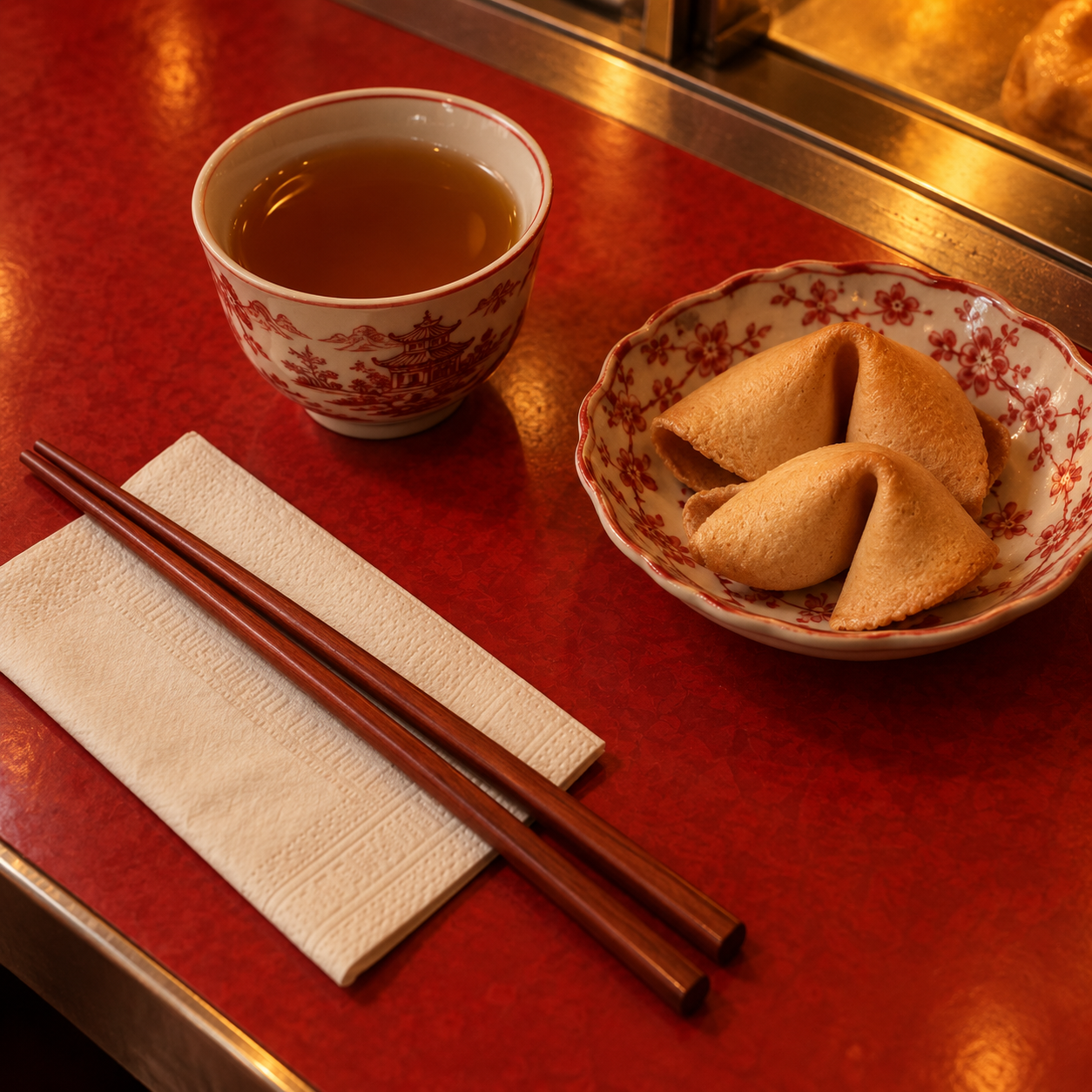Illustrative overhead still life of a tea cup, chopsticks and fortune cookies